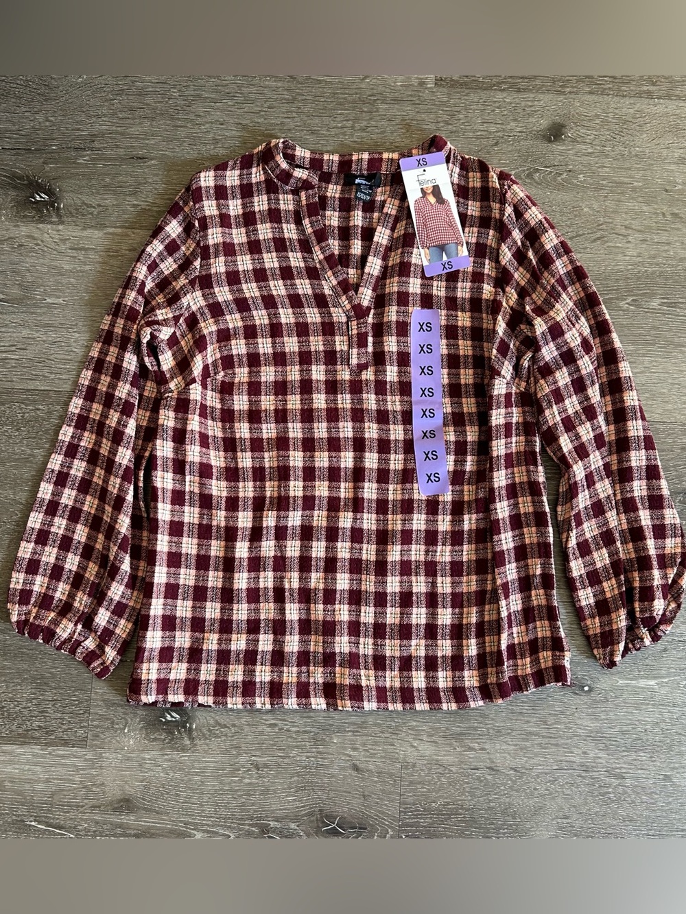 NWT XS Felina Burgundy and Pink V Neck Plaid Long Sleeve Blouse